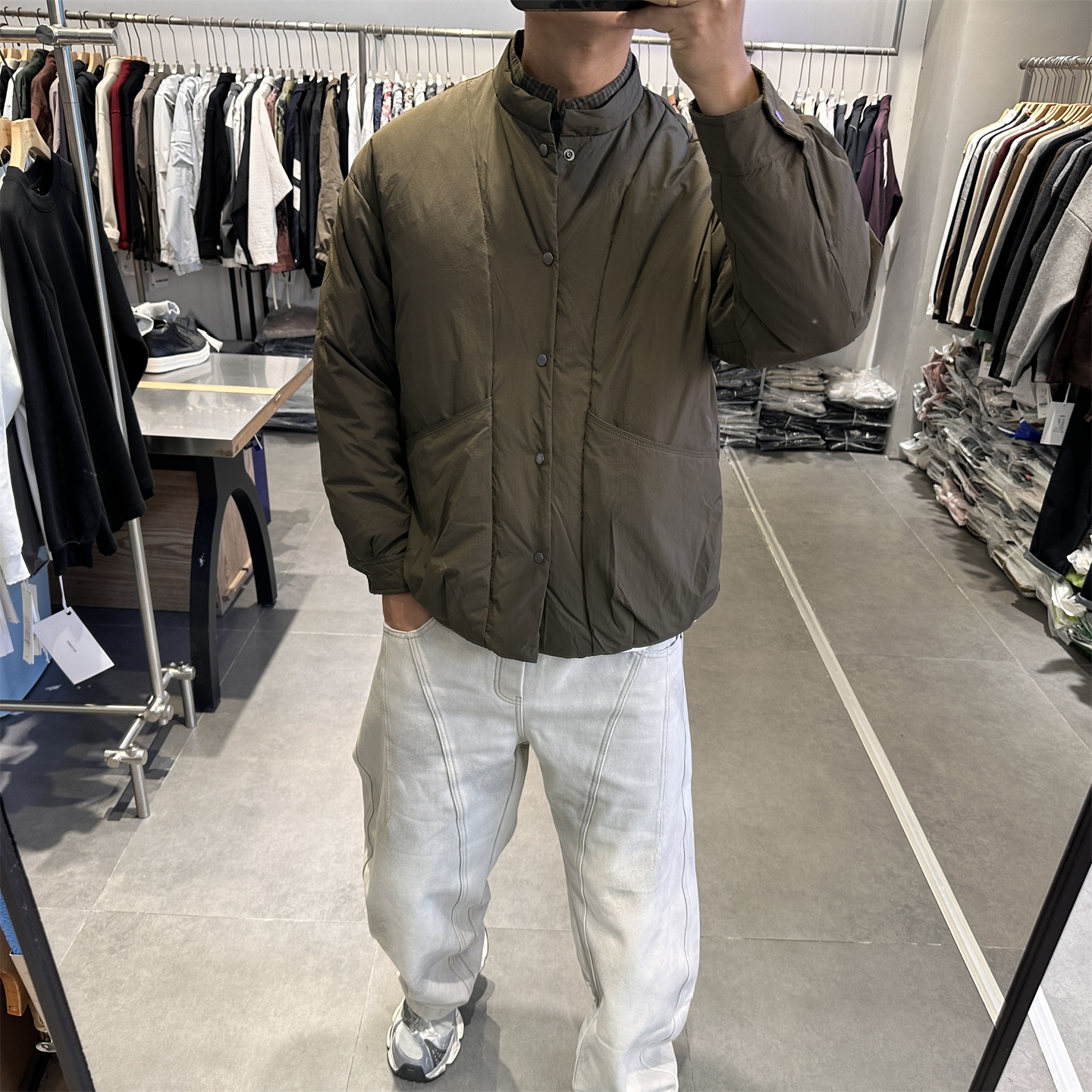 日系复古微阔格纹内衬立领羽绒服