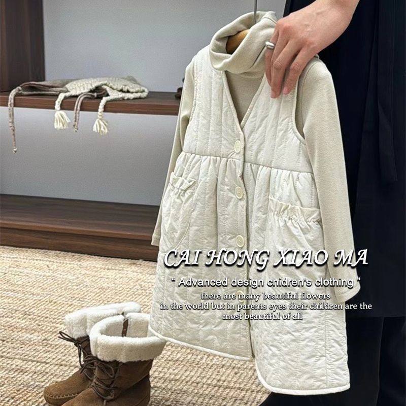 女宝夹棉背心连衣裙套装秋冬季2025款儿童复古高领打底裙子两件套