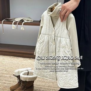 女宝夹棉背心连衣裙套装秋冬季2025款儿童复古高领打底裙子两件套