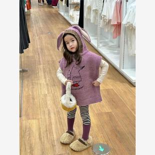 女童2025秋装针织套装儿童紫色连帽针织马甲背心时髦休闲裤两件套