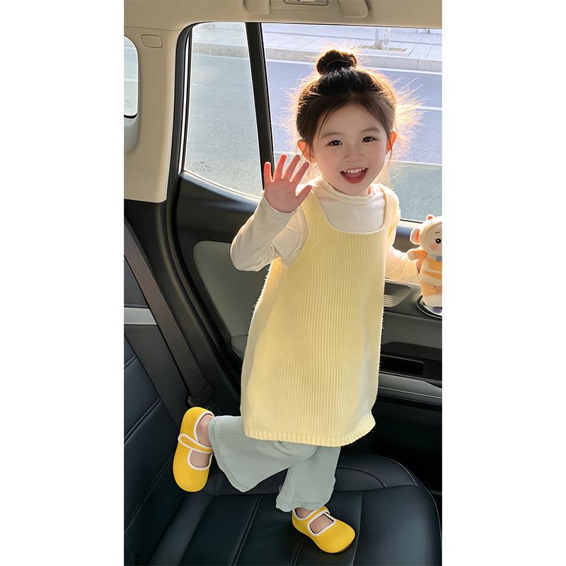 秋季连衣裙套装春秋ins风女宝针织背心裙儿童木耳边打底长袖三件