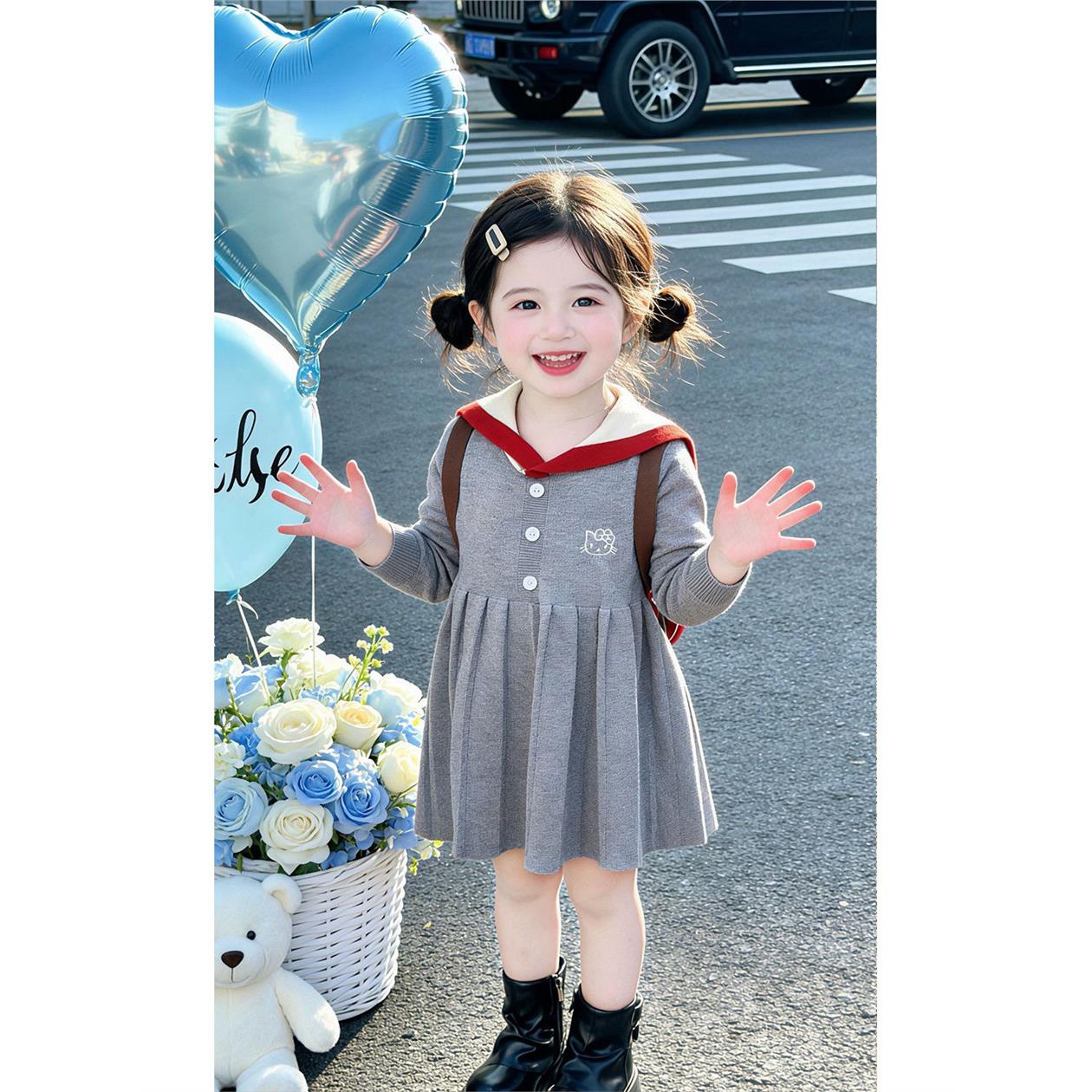 早秋女宝学院风针织连衣裙2026新款儿童洋气海军领长袖百褶公主裙