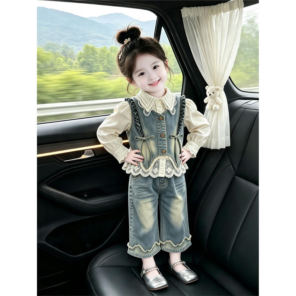 女宝韩版套装2026新款秋季儿童牛仔马甲背心长袖衬衫直筒裤三件套