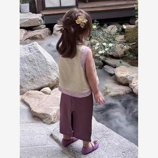 马甲女宝宝紫色缎面长裙 新中式 女童2025夏季 新款 杏色提花盘扣唐装