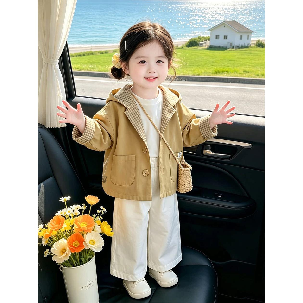 女宝洋气风衣外套2026新款春秋装儿童韩版连帽百搭开衫长袖上衣薄