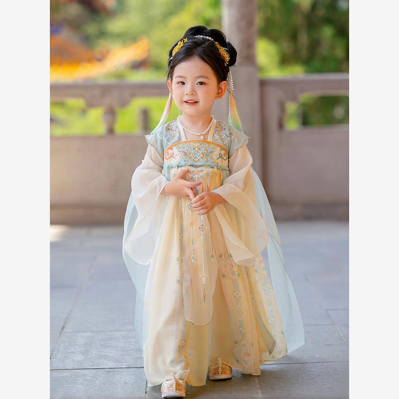 女童高端气质汉服连衣裙长袖2025新款儿童小女孩中秋唐装演出裙子