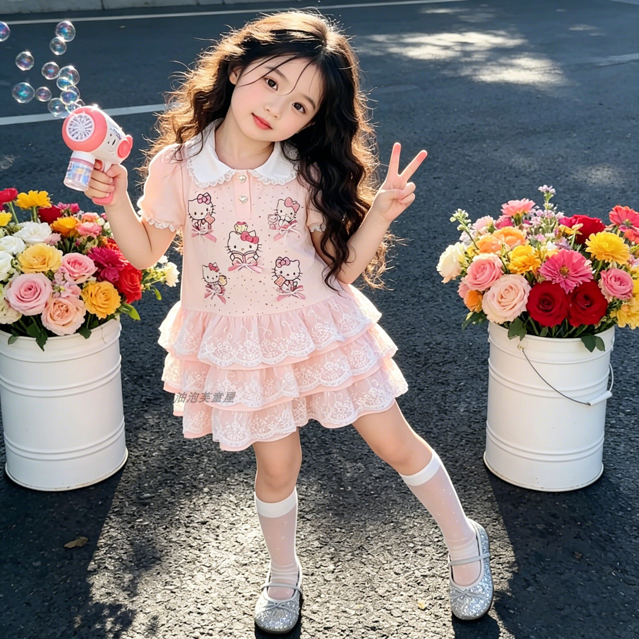 女宝烫钻卡通娃娃领洋装2026夏季新款女大儿童洋派花边蛋糕洋装潮