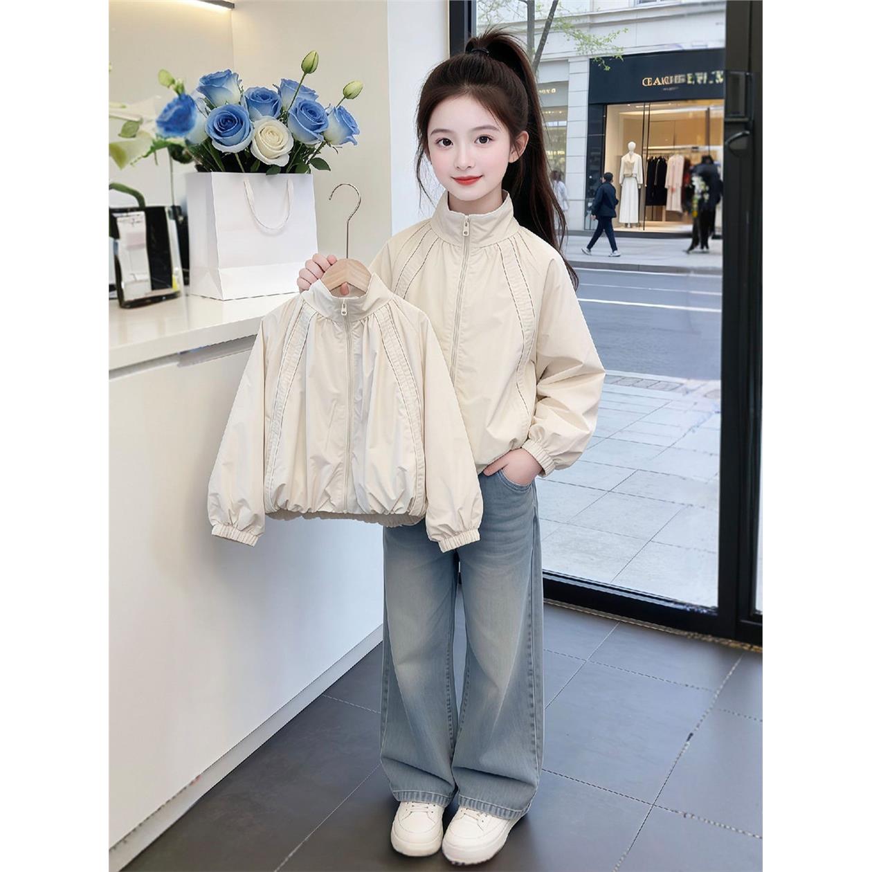 早秋女童韩版立领冲锋衣外套2026新款中大儿童拉链开衫夹克上衣薄