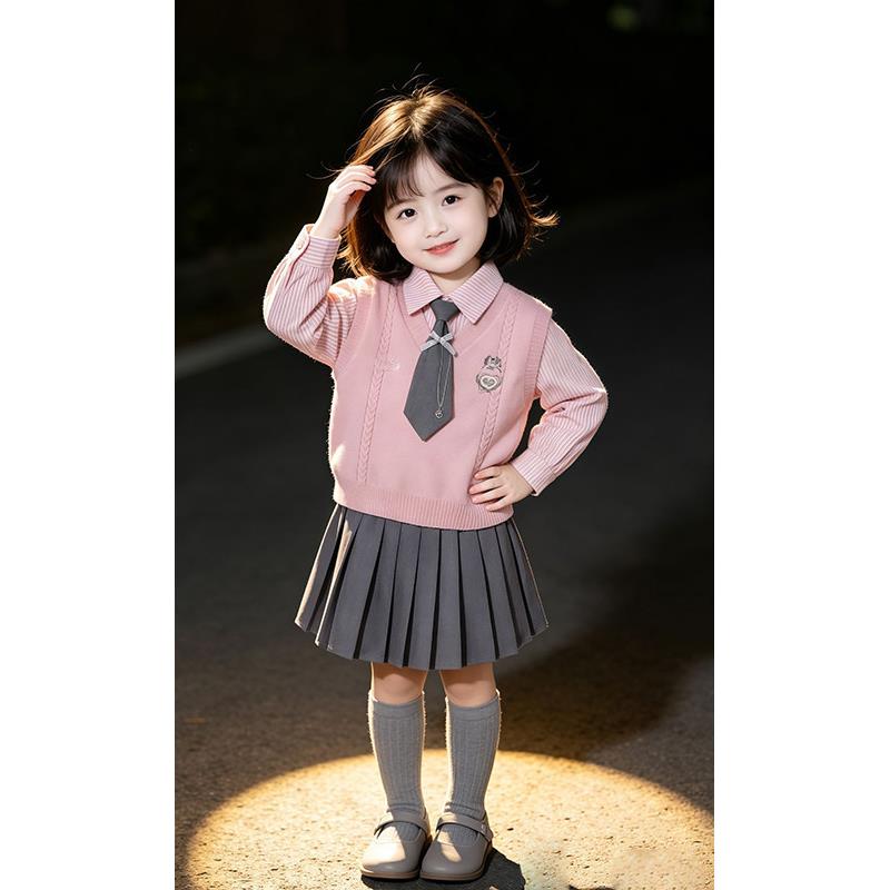 女童韩系学院风春秋季套装2026新款中大儿童毛衣马甲衬衫百褶jk裙