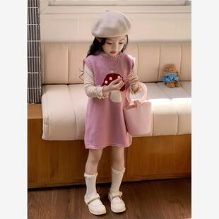 韩版女童2025秋季新款粉色立体蘑菇针织背心裙女宝宝毛衣裙两件套