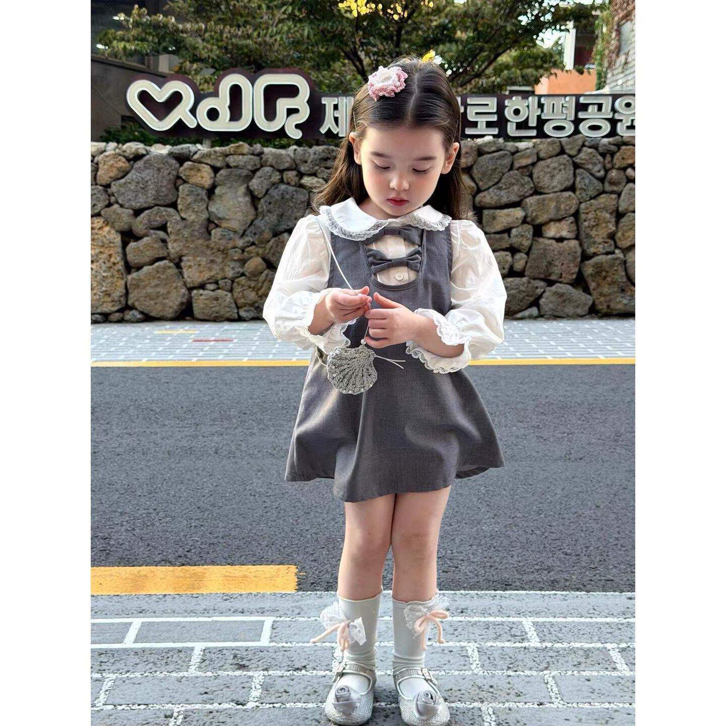 女童韩系蝴蝶结背心连衣裙套装春季2026新款儿童蕾丝娃娃衫两件套