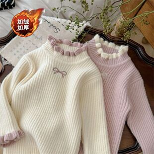女童加绒加厚高领木耳领毛衣秋冬季2025新款儿童宝宝洋气针织上衣