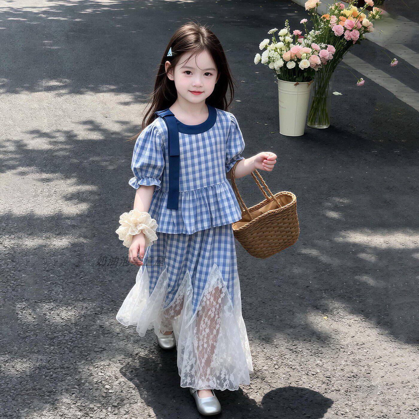 女童夏季超好看清新格子套装2026新款中大儿童洋气蕾丝拼接半身裙