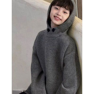 女童韩国加厚毛衣秋冬季2025新款儿童宝宝连帽针织衫洋气内搭上衣