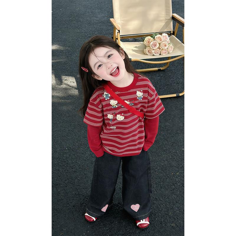 女童秋季套装2026新款宝宝洋气卡通假两件长袖卫衣儿童牛仔休闲裤