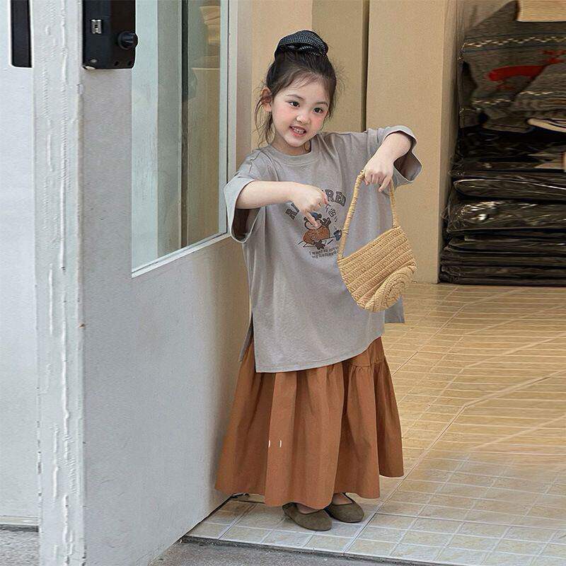 女童套装2026新款夏季儿童女孩洋气开叉长款短袖T恤半身裙两件套