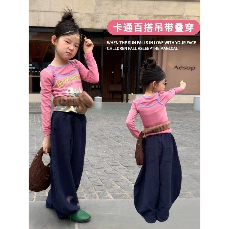 女宝韩范套装2026新款春秋季儿童叠穿吊带背心卡通阔腿卫裤三件套