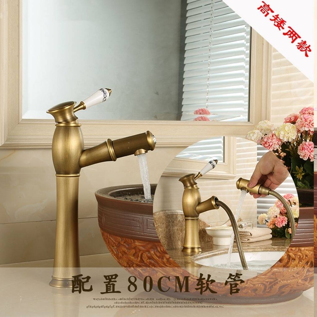 全铜抽拉式水龙头仿古欧式面盆台上盆洗脸盆冷热黑色复古伸缩龙头