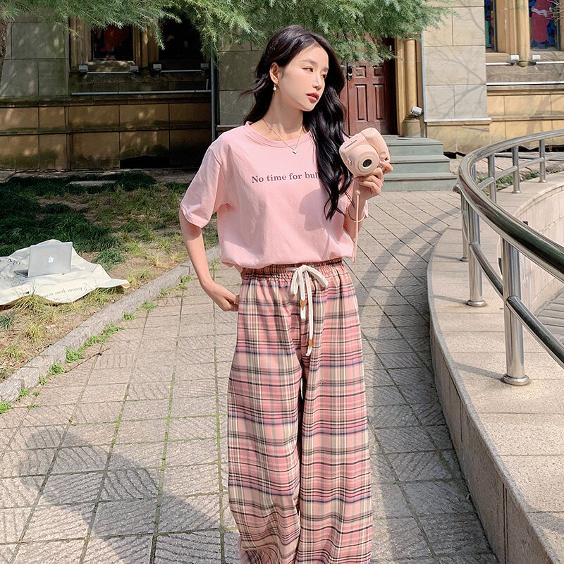 粉色t恤短袖上衣套装女春秋季2025新款高腰垂感显瘦阔腿裤两件套,女装T恤,金十上