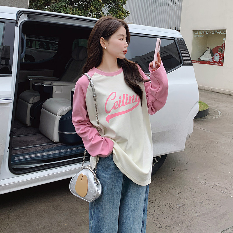 新款现货拼肩印花撞色卫衣235-9960-P75-控118,女装T恤,金十上