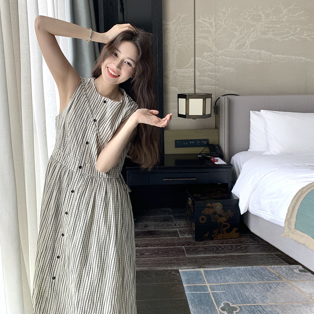 盐甜系穿搭韩系格子无袖背心裙女夏季新款收腰显瘦休闲连衣裙子,女装连衣裙,金十上
