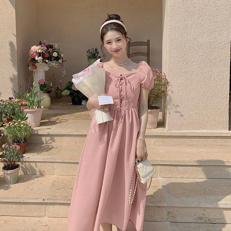 肌理感系带粉色方领泡泡袖连衣裙女夏超好看艺术生法式桔梗风爆款,女装连衣裙,金十上