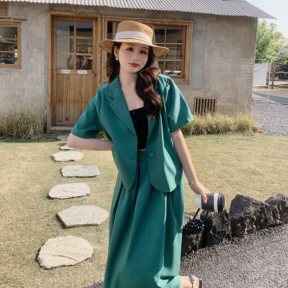 现货2024夏季韩版宽松西装套装上衣+半身裙235-K12-P135-控188,女装套装/套裙,金十上