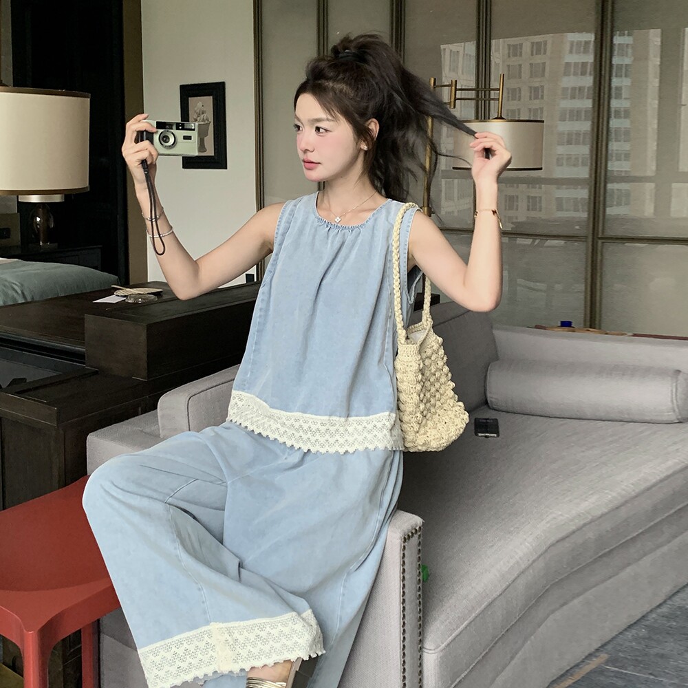 新款减龄无袖薄款牛仔阔腿裤两件套235-2508-P145-控218,女装套装/套裙,金十上