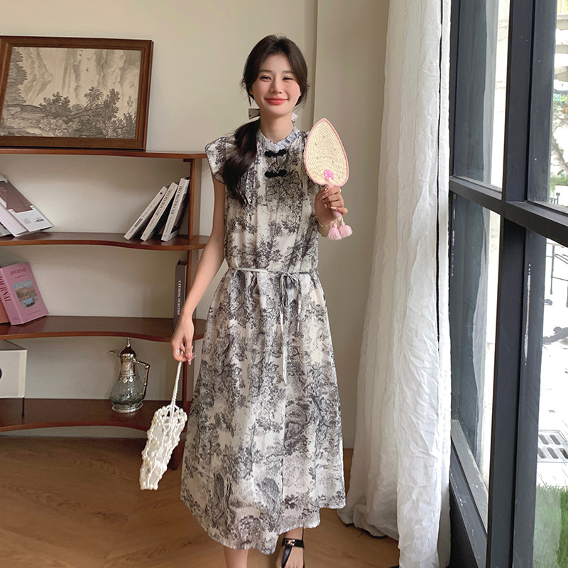 新中式国风碎花连衣裙女2025夏季新款法式飞飞袖高腰显瘦绝美长裙,女装连衣裙,金十上