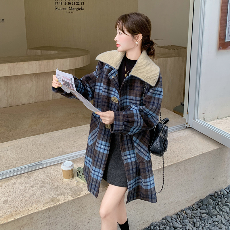 针织翻领格纹毛呢外套女冬新款韩系小个子复古气质宽松呢子大衣,女装毛呢外套,金十上