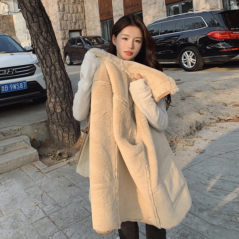 皮毛一体外套女新款2024冬韩系复古宽松加厚洋气连帽羊羔毛绒夹克,女装毛呢外套,金十上