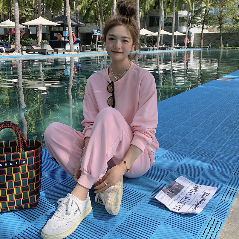 现货春装休闲时尚粉色两件套卫衣235-K5-P155-控218,女装运动套装,金十上