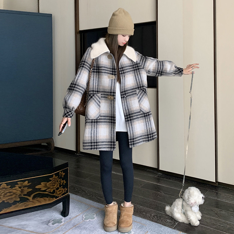 格子毛呢外套女冬季新款英伦风学生加厚复古韩版宽松小个子呢大衣,女装毛呢外套,金十上