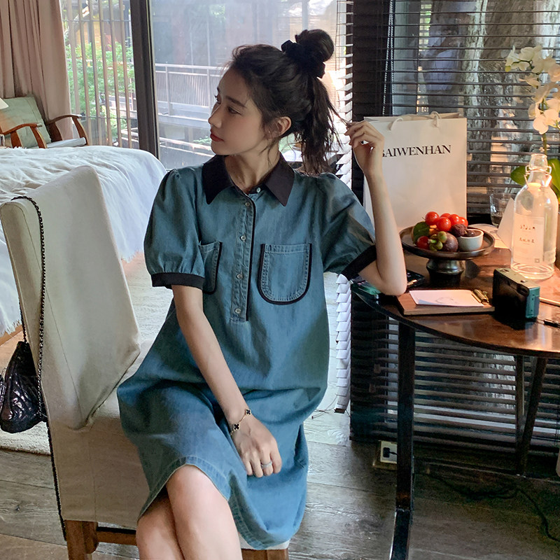 休闲撞色拼接牛仔连衣裙女夏2025新款爆款流行简单大方小个子裙子,女装连衣裙,金十上