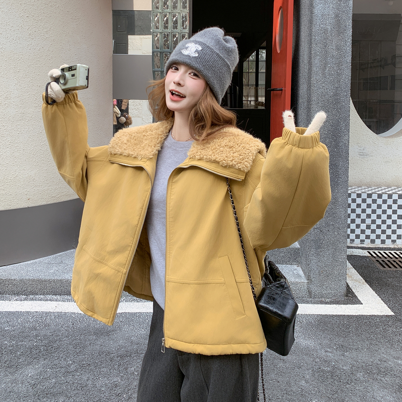 新款羊羔毛大翻领夹棉外套235-2562-P195-控288，女装棉衣/棉服，金十上