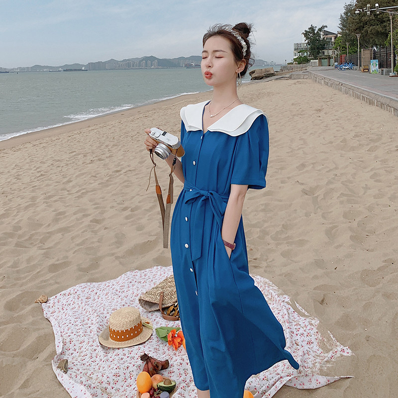 现货2024夏季双层荷叶领拼色连衣裙235-W215-P105-K158,女装连衣裙,金十上
