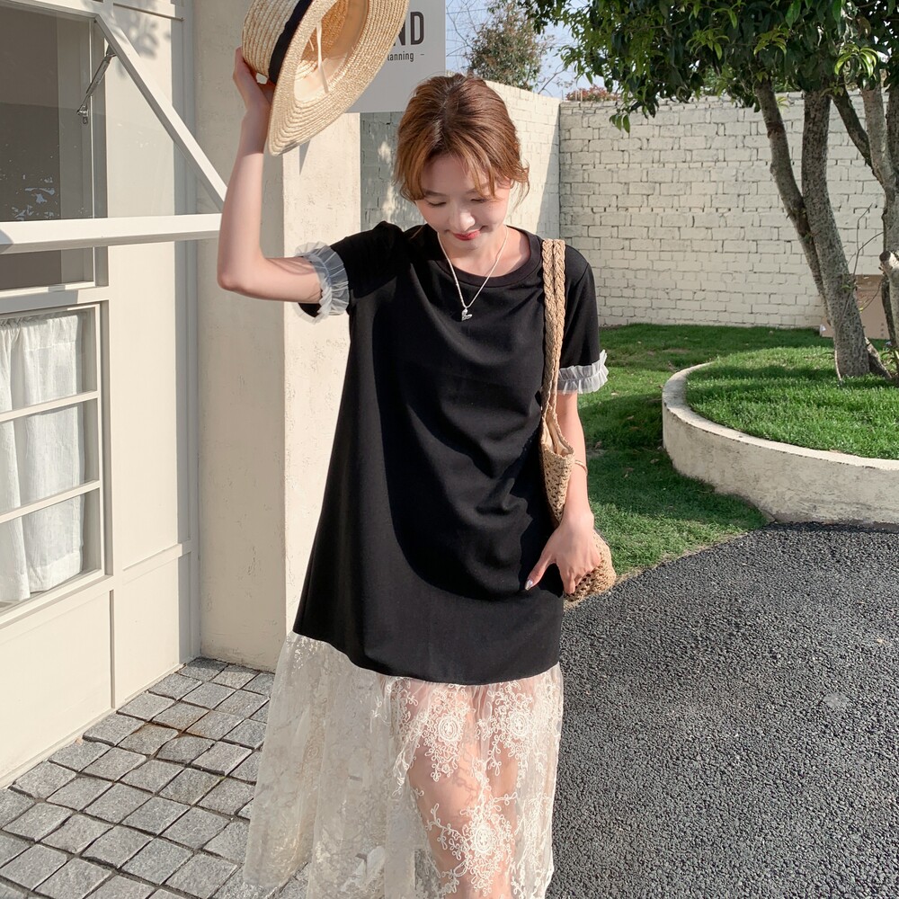 2025夏季新款蕾丝拼接宽松中长款T恤女显瘦慵懒松弛感别致连衣裙,女装连衣裙,金十上