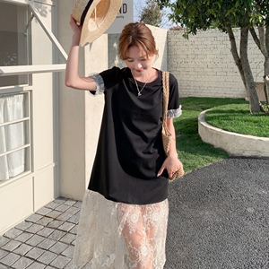 2025夏季新款蕾丝拼接宽松中长款T恤女显瘦慵懒松弛感别致连衣裙图片