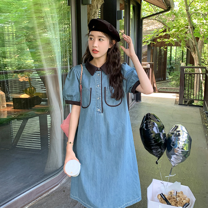 休闲撞色拼接牛仔连衣裙女夏2025新款爆款流行简单大方小个子裙子,女装连衣裙,金十上
