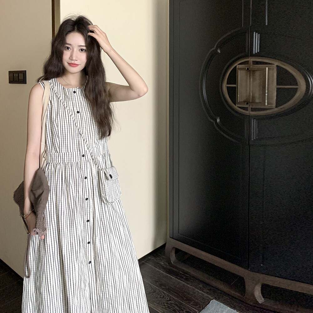 盐甜系穿搭韩系格子无袖背心裙女夏季新款收腰显瘦休闲连衣裙子,女装连衣裙,金十上