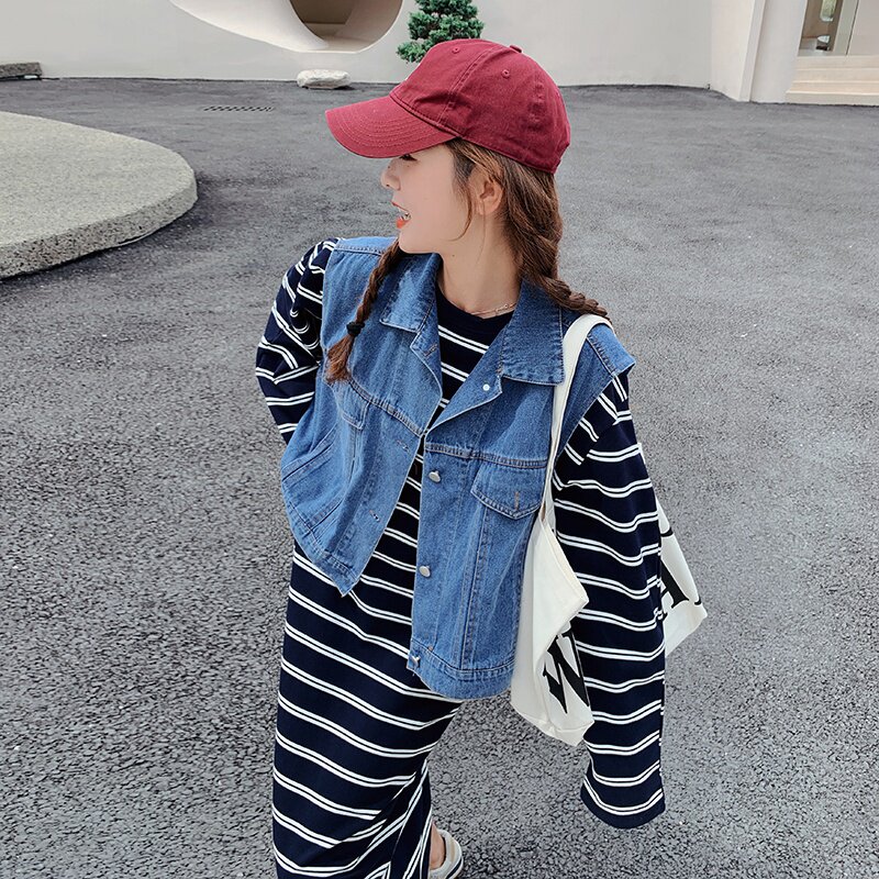 现货春款条纹连衣裙牛仔马甲两件套B235-K35-批155-控218,女装套装/套裙,金十上