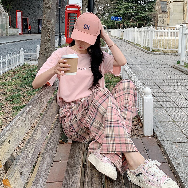 粉色t恤短袖上衣套装女春秋季2025新款高腰垂感显瘦阔腿裤两件套,女装T恤,金十上