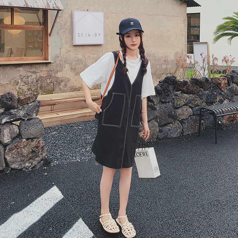 时尚休闲减龄宽松假两件背带裙女夏季复古温柔学院风牛仔连衣裙,女装连衣裙,金十上