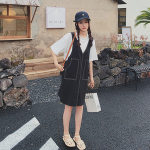 时尚休闲减龄宽松假两件背带裙女夏季复古温柔学院风牛仔连衣裙图片