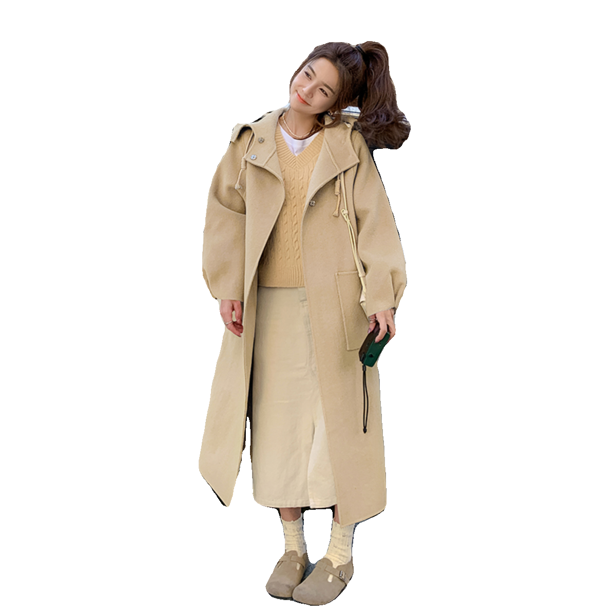 新款现货双面羊绒连帽大衣235-9910-P285-控398,女装毛呢外套,金十上