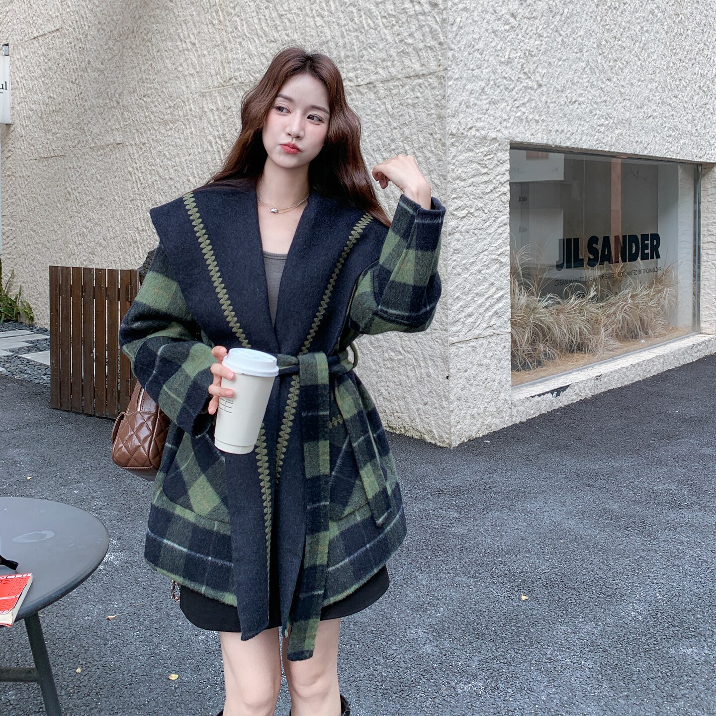 大翻领绿色格子高级感羊毛双面羊绒大衣女秋冬新款加厚呢子外套,女装毛呢外套,金十上