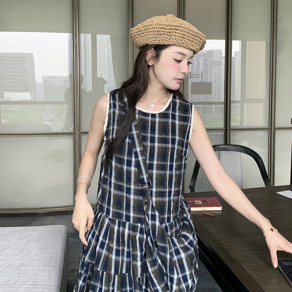 韩系学院风复古格子无袖赫本风长裙夏季新款茶歇休闲减龄连衣裙女,女装连衣裙,金十上