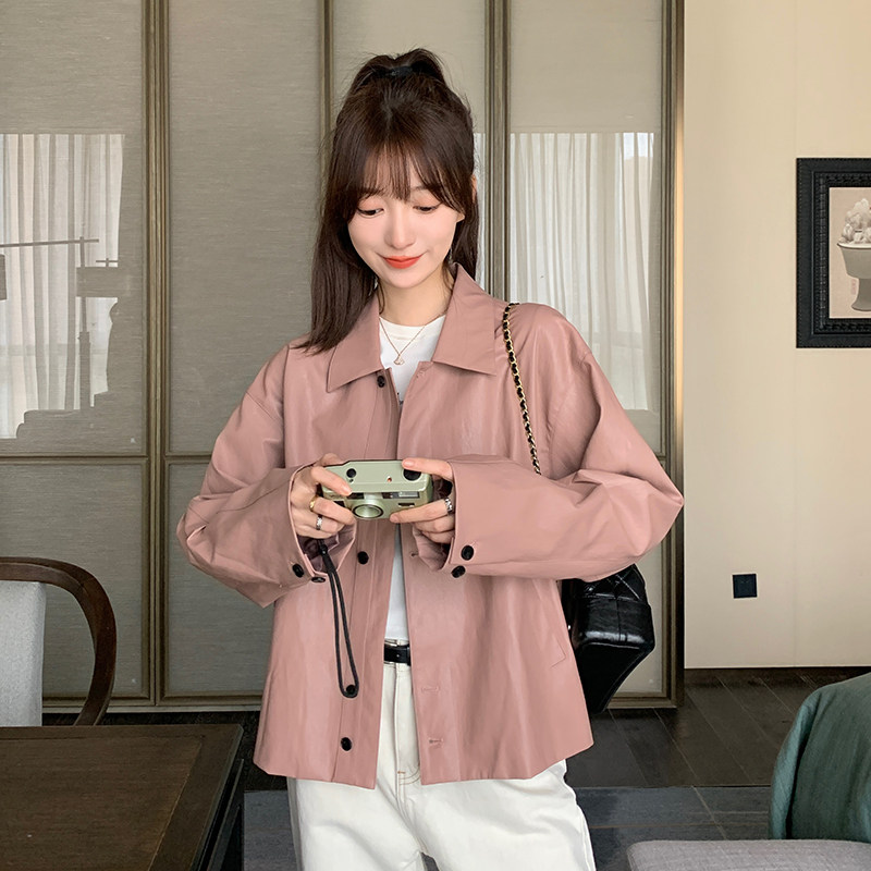 新款现货简约翻领单排扣短外套皮衣235-328-P145-198,女装短外套,金十上