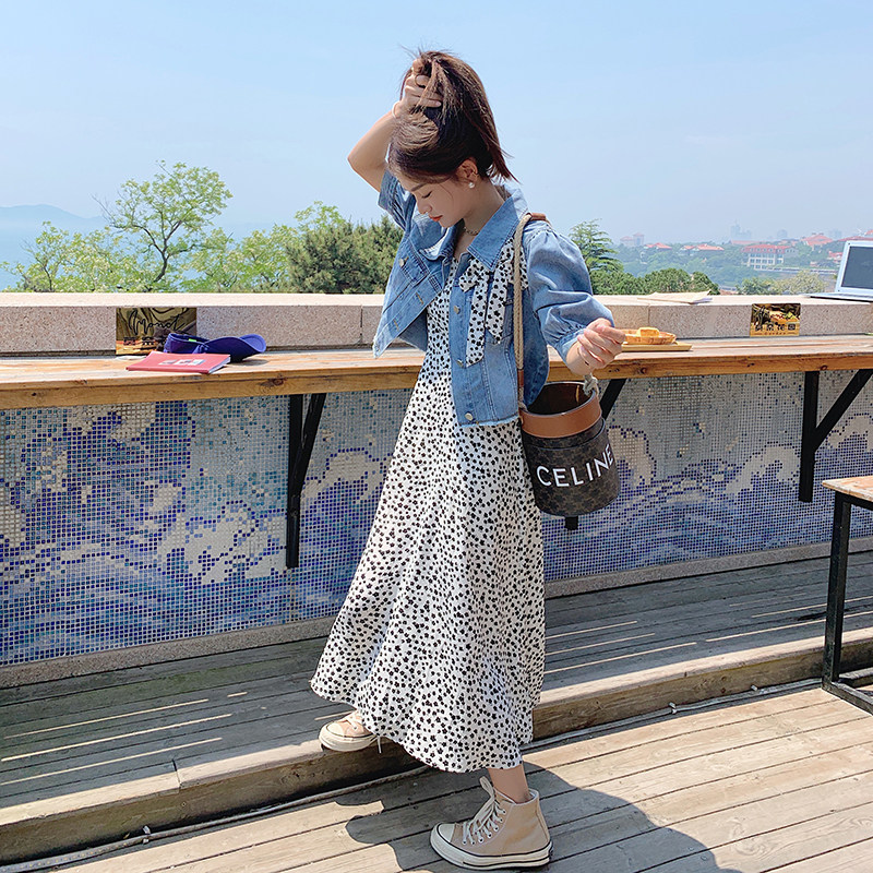 新款现货牛仔蝴蝶结碎花吊带连衣裙两件套235-K23-P135-控188,女装套装/套裙,金十上
