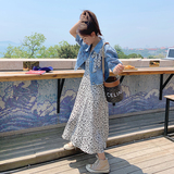 新款现货牛仔蝴蝶结碎花吊带连衣裙两件套235-K23-P135-控188，女装套装/套裙，金十上
